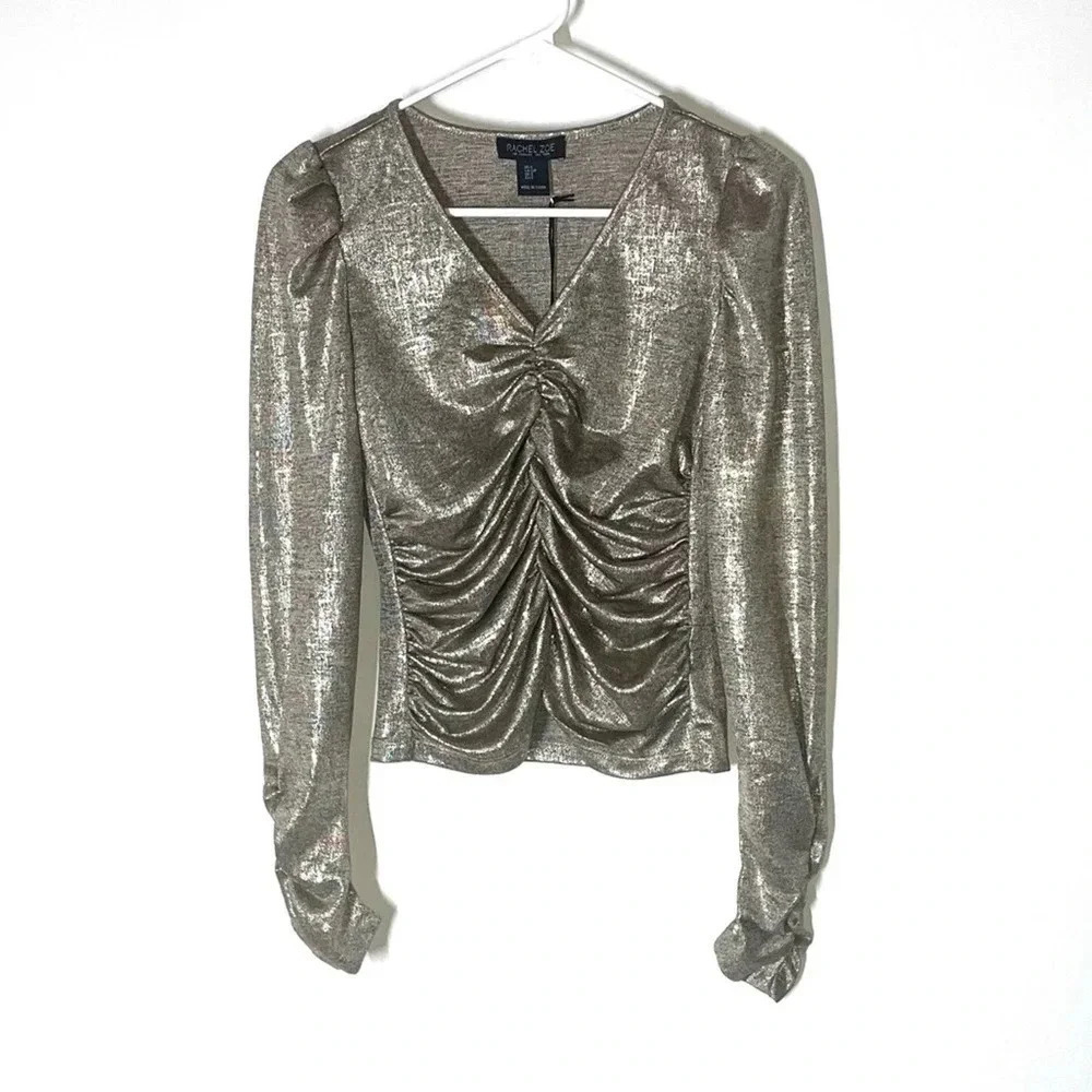 Rachel Zoe Metallic Silver Ruched Long Sleeve Blouse Size Small